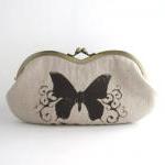 Sunglass Case- Butterfly On Beige Linen -snap..