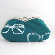 sunglass / eyeglasses case -glasses on teal linen - snap case- frame purse