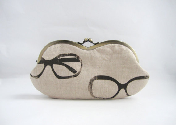 Sunglass / Eyeglasses Case -glasses On Beige Linen - Snap Case- Frame Purse