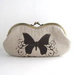 sunglass case- butterfly on beige linen -snap case- frame purse