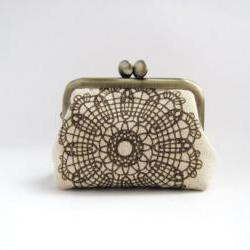 Coin purse- Mini frame jewelry case with ring pillow- brilliant lace on beige